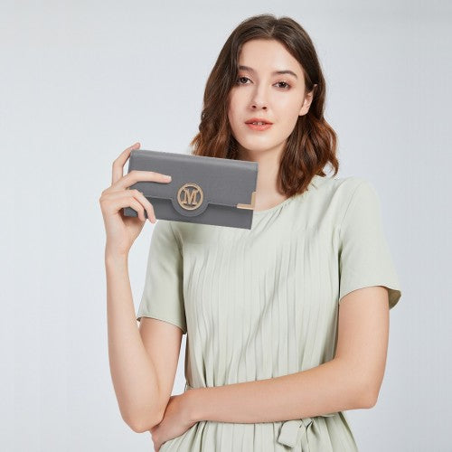 Miss Lulu Leather Look Classic Long Purse - Dark Grey