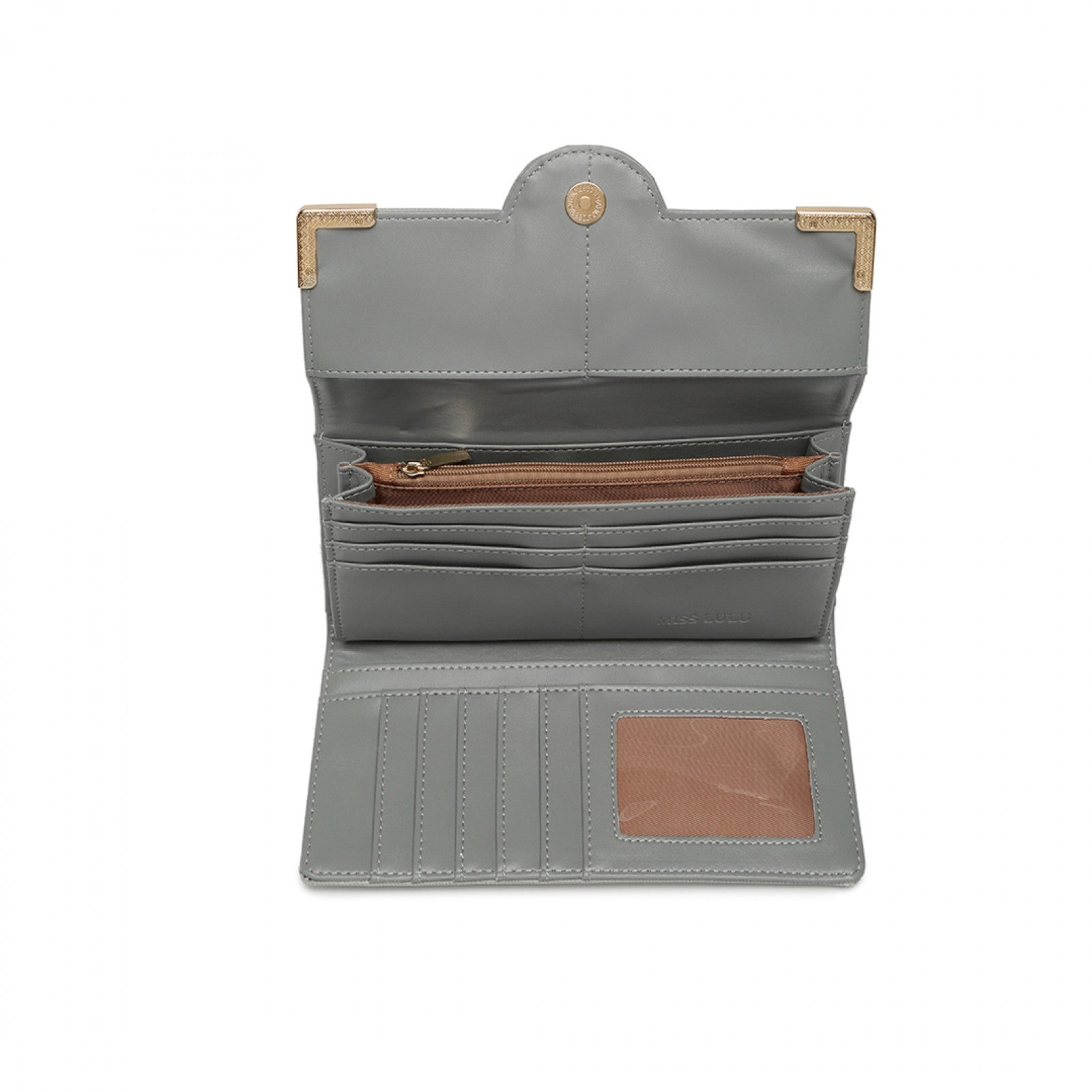 Miss Lulu Leather Look Classic Long Purse - Grey