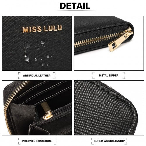 Miss Lulu Zip Closure Ladies Purse Wallet - Black