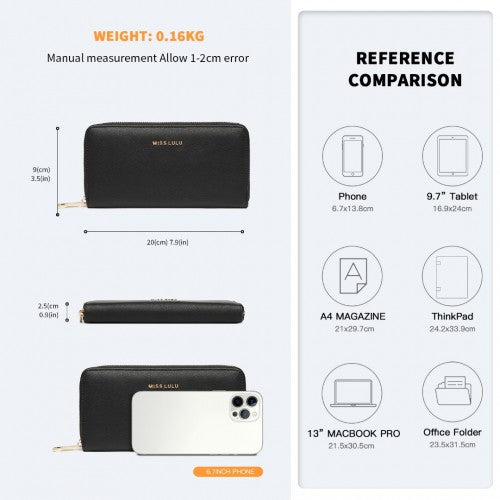 Miss Lulu Zip Closure Ladies Purse Wallet - Black