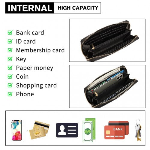 Miss Lulu Zip Closure Ladies Purse Wallet - Black