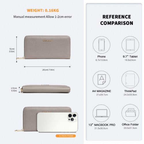 Miss Lulu Zip Closure Ladies Purse Wallet - Grey