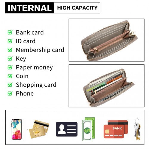 Miss Lulu Zip Closure Ladies Purse Wallet - Grey