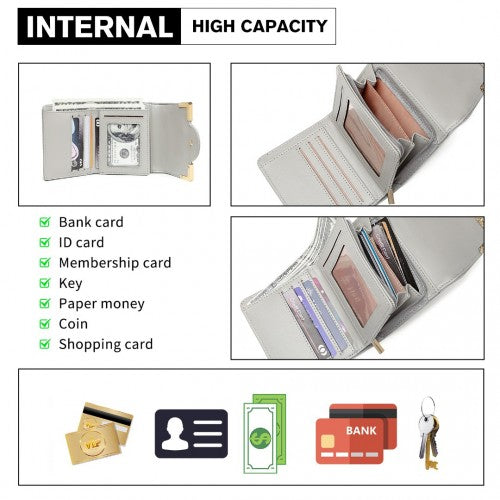 Miss Lulu Leather Branded Snap Closure Wallet - Grey