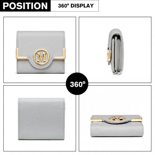 Miss Lulu Leather Branded Snap Closure Wallet - Grey