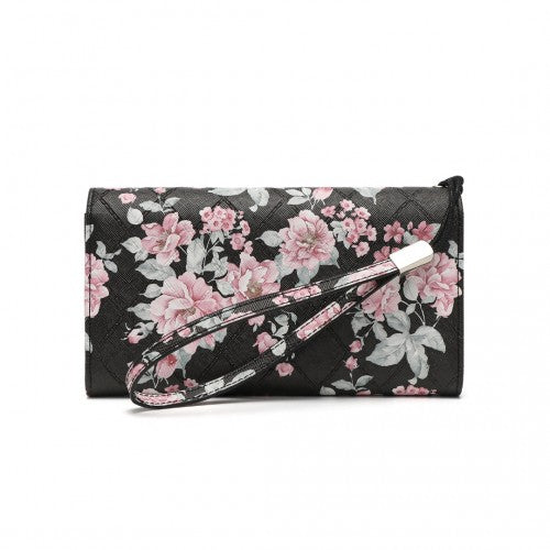 Miss Lulu Ladies' Flower Printed PU Leather Long Purse - Black