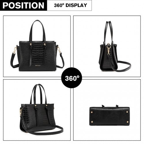 Miss Lulu Crocodile Pattern Large Capacity Leather Cross - body Handbag - Black
