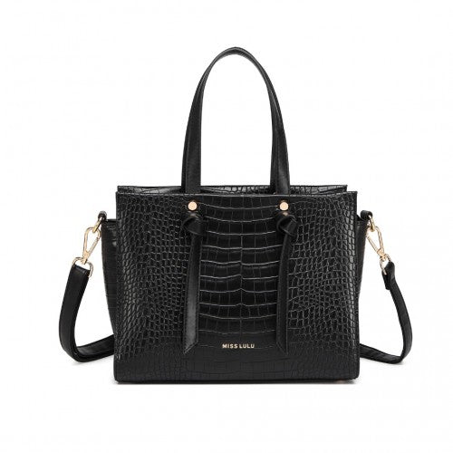 Miss Lulu Crocodile Pattern Large Capacity Leather Cross - body Handbag - Black