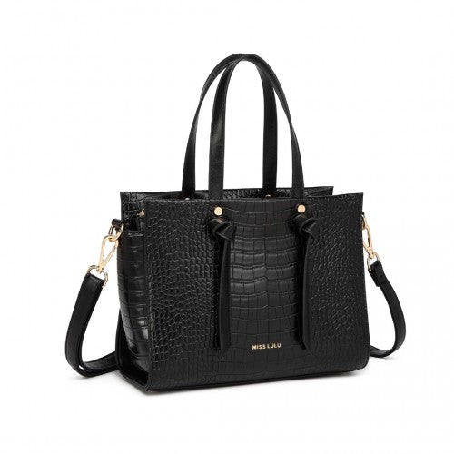 Miss Lulu Crocodile Pattern Large Capacity Leather Cross - body Handbag - Black
