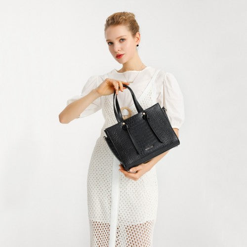 Miss Lulu Crocodile Pattern Large Capacity Leather Cross - body Handbag - Black