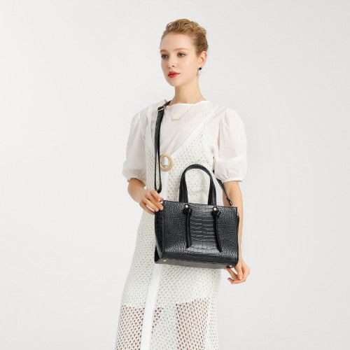 Miss Lulu Crocodile Pattern Large Capacity Leather Cross - body Handbag - Black