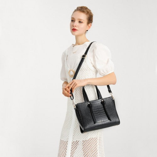 Miss Lulu Crocodile Pattern Large Capacity Leather Cross - body Handbag - Black