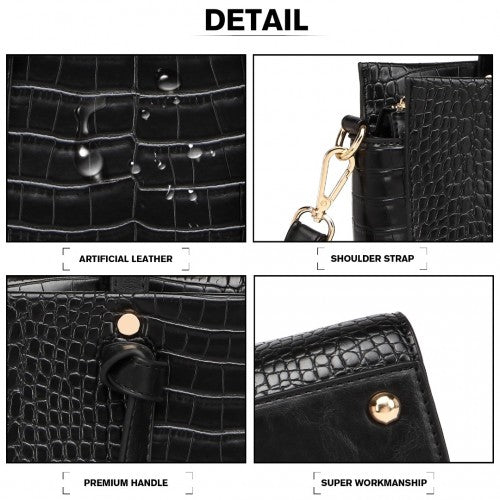 Miss Lulu Crocodile Pattern Large Capacity Leather Cross - body Handbag - Black