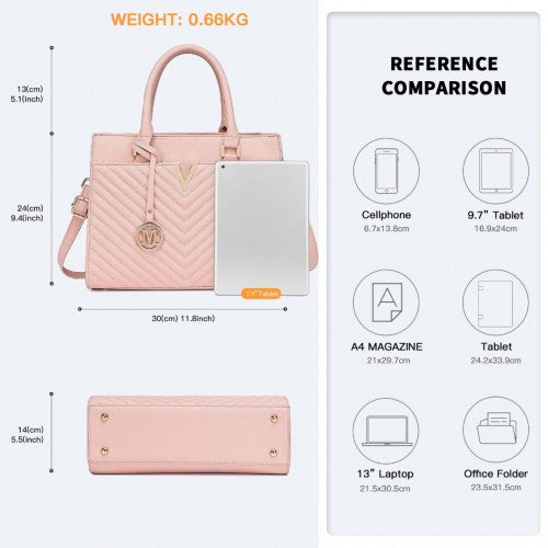 Miss Lulu Chic V - Quilted PU Leather Sophisticated Handbag - Pink