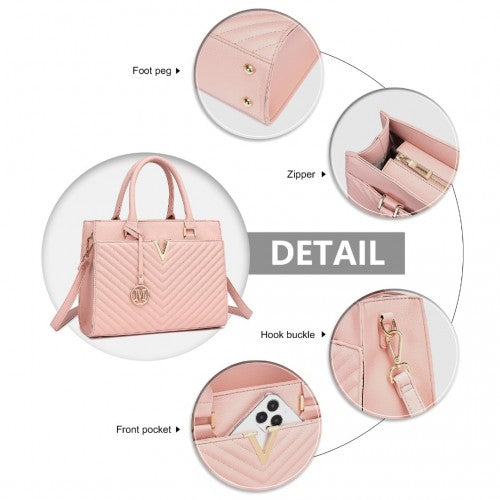 Miss Lulu Chic V - Quilted PU Leather Sophisticated Handbag - Pink