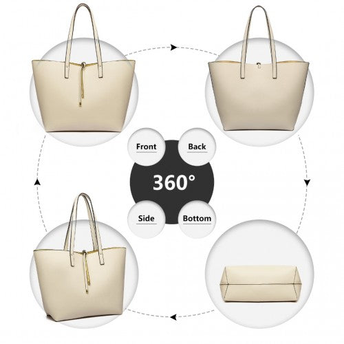 Miss Lulu Women Reversible Contrast Shopper Tote Bag Beige