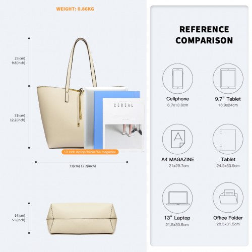 Miss Lulu Women Reversible Contrast Shopper Tote Bag Beige