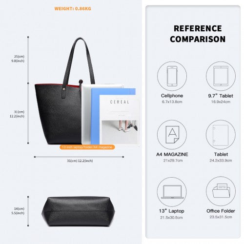 Miss Lulu Women Reversible Contrast Shopper Tote Bag Black
