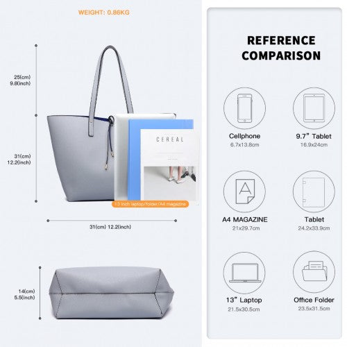 Miss Lulu Women Reversible Contrast Shopper Tote Bag - Grey