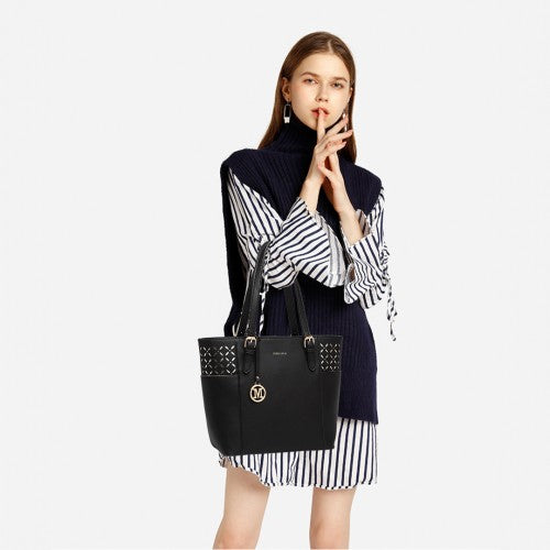 MISS LULU LASER CUT OUT TOTE SHOPPER BAG - BLACK