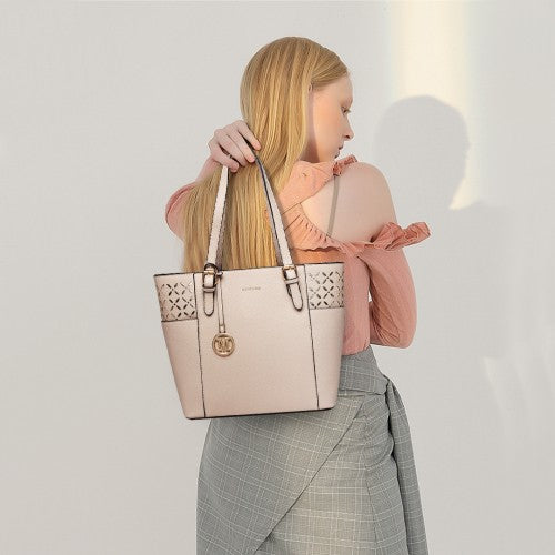 MISS LULU LASER CUT OUT TOTE SHOPPER BAG - BEIGE