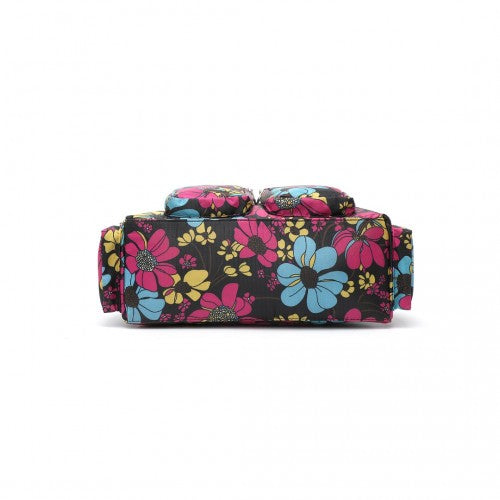 Kono Versatile Multi - Pocket Travel Bag With Adjustable Detachable Strap And Flower Print - Black