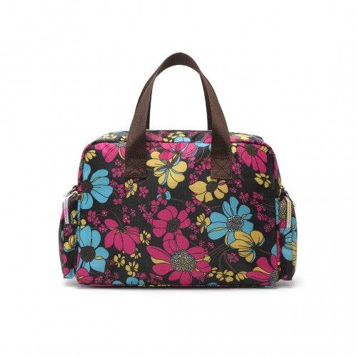 Kono Versatile Multi - Pocket Travel Bag With Adjustable Detachable Strap And Flower Print - Black