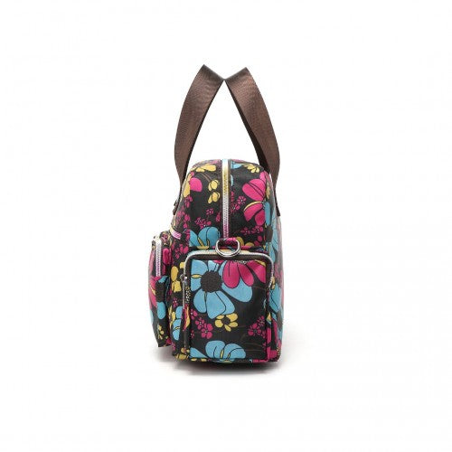 Kono Versatile Multi - Pocket Travel Bag With Adjustable Detachable Strap And Flower Print - Black