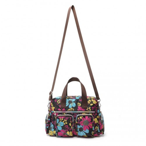 Kono Versatile Multi - Pocket Travel Bag With Adjustable Detachable Strap And Flower Print - Black