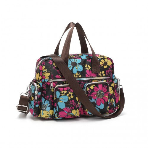 Kono Versatile Multi - Pocket Travel Bag With Adjustable Detachable Strap And Flower Print - Black