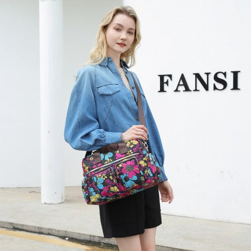 Kono Versatile Multi - Pocket Travel Bag With Adjustable Detachable Strap And Flower Print - Black