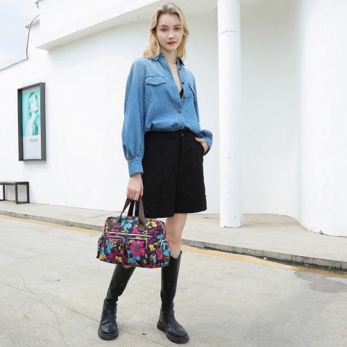 Kono Versatile Multi - Pocket Travel Bag With Adjustable Detachable Strap And Flower Print - Black