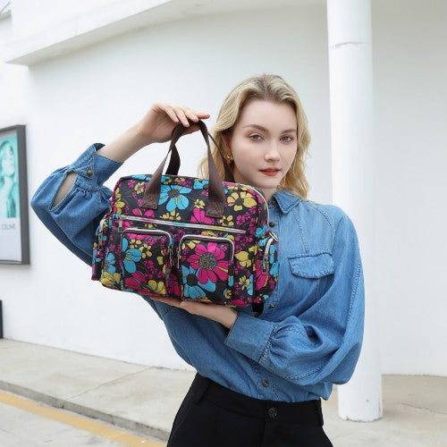 Kono Versatile Multi - Pocket Travel Bag With Adjustable Detachable Strap And Flower Print - Black