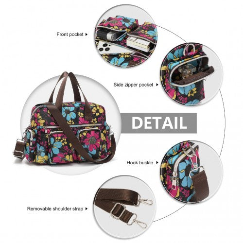 Kono Versatile Multi - Pocket Travel Bag With Adjustable Detachable Strap And Flower Print - Black