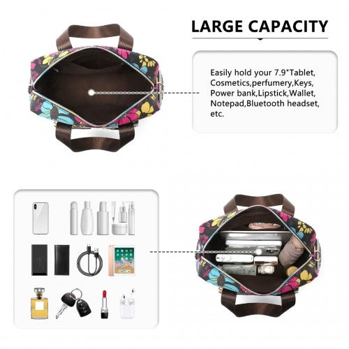 Kono Versatile Multi - Pocket Travel Bag With Adjustable Detachable Strap And Flower Print - Black
