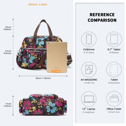 Kono Versatile Multi - Pocket Travel Bag With Adjustable Detachable Strap And Flower Print - Black