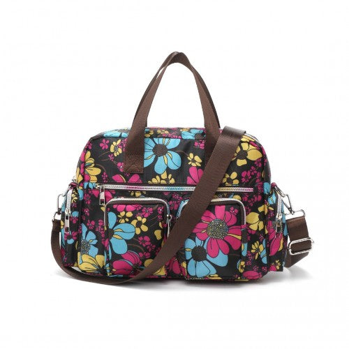 Kono Versatile Multi - Pocket Travel Bag With Adjustable Detachable Strap And Flower Print - Black