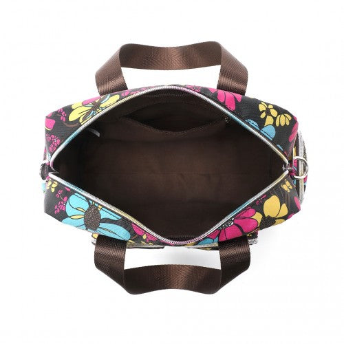 Kono Versatile Multi - Pocket Travel Bag With Adjustable Detachable Strap And Flower Print - Black