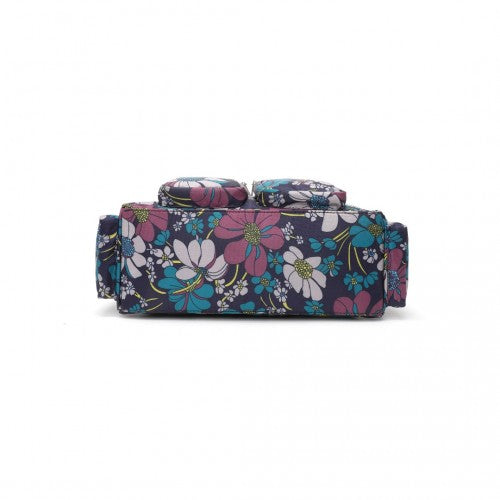 Kono Versatile Multi - Pocket Travel Bag With Adjustable Detachable Strap And Flower Print - Navy