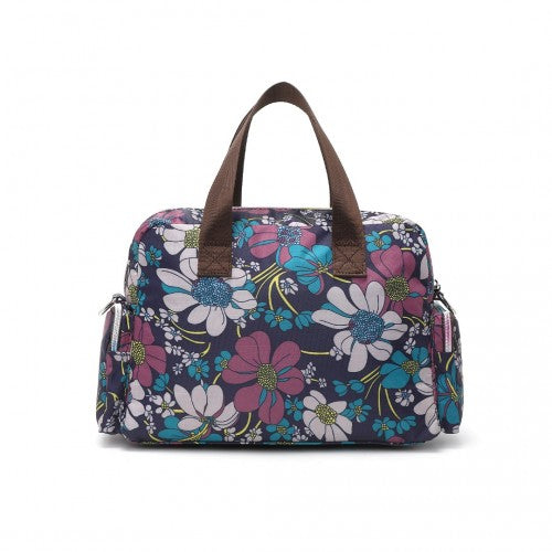Kono Versatile Multi - Pocket Travel Bag With Adjustable Detachable Strap And Flower Print - Navy