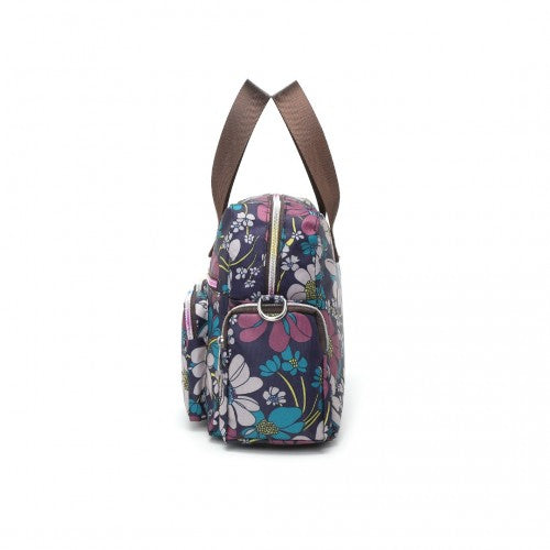 Kono Versatile Multi - Pocket Travel Bag With Adjustable Detachable Strap And Flower Print - Navy