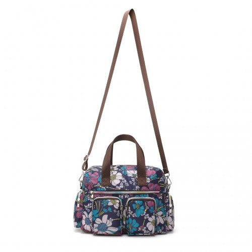Kono Versatile Multi - Pocket Travel Bag With Adjustable Detachable Strap And Flower Print - Navy