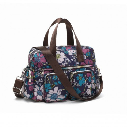 Kono Versatile Multi - Pocket Travel Bag With Adjustable Detachable Strap And Flower Print - Navy