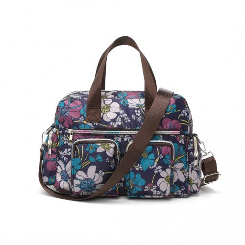 Kono Versatile Multi - Pocket Travel Bag With Adjustable Detachable Strap And Flower Print - Navy