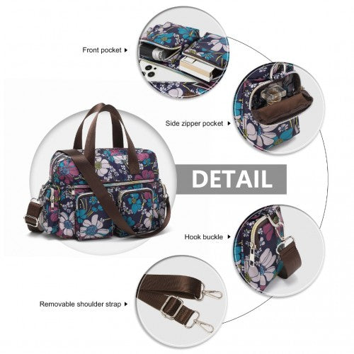 Kono Versatile Multi - Pocket Travel Bag With Adjustable Detachable Strap And Flower Print - Navy
