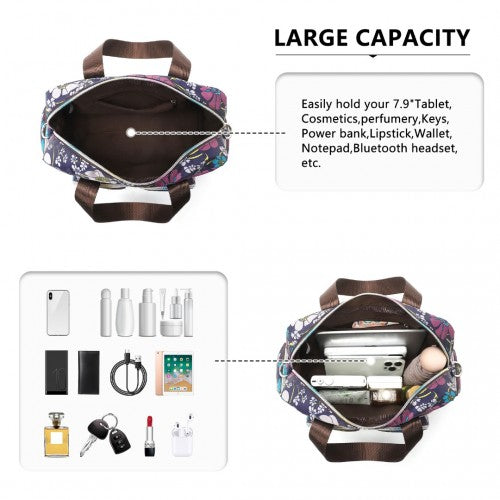 Kono Versatile Multi - Pocket Travel Bag With Adjustable Detachable Strap And Flower Print - Navy