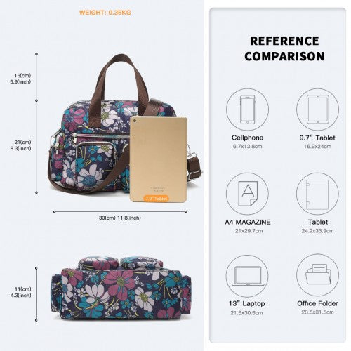 Kono Versatile Multi - Pocket Travel Bag With Adjustable Detachable Strap And Flower Print - Navy