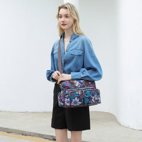 Kono Versatile Multi - Pocket Travel Bag With Adjustable Detachable Strap And Flower Print - Navy