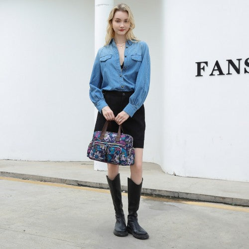 Kono Versatile Multi - Pocket Travel Bag With Adjustable Detachable Strap And Flower Print - Navy