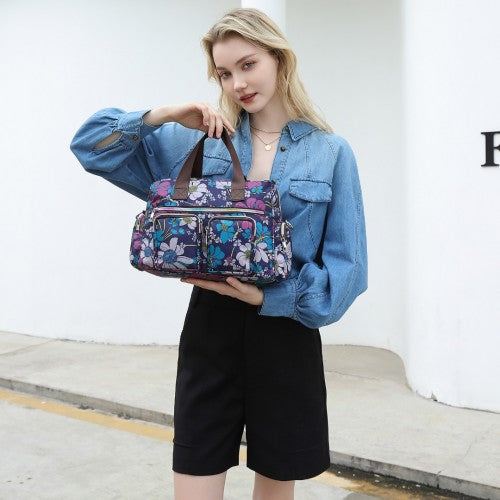 Kono Versatile Multi - Pocket Travel Bag With Adjustable Detachable Strap And Flower Print - Navy